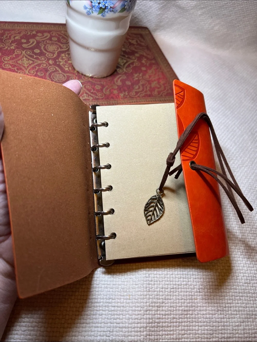 Handcrafted Orange Leather Leaf-Embossed Journal with Leaf Charm